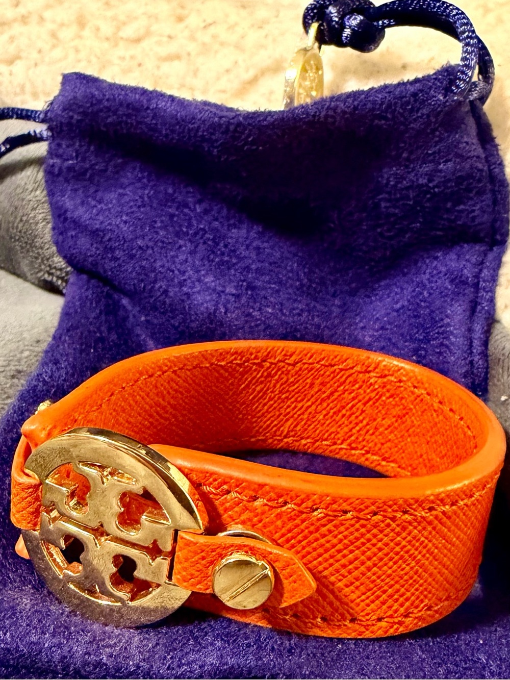 Tory Burch Orange Leather Gold Tone Logo Cuff Bracelet, with TB Jewelry Pouch
